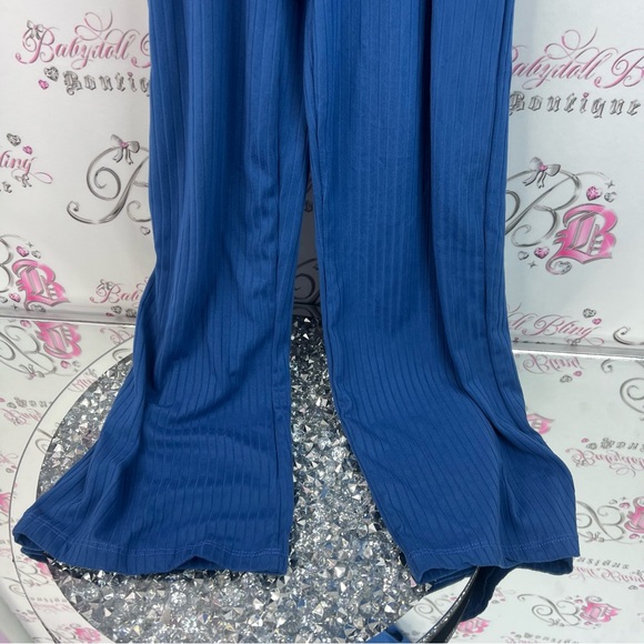 Rebel Sugar girls jumpsuit pants flared open side cutout Blue Ribbed Jumpsuit - Picture 4 of 16
